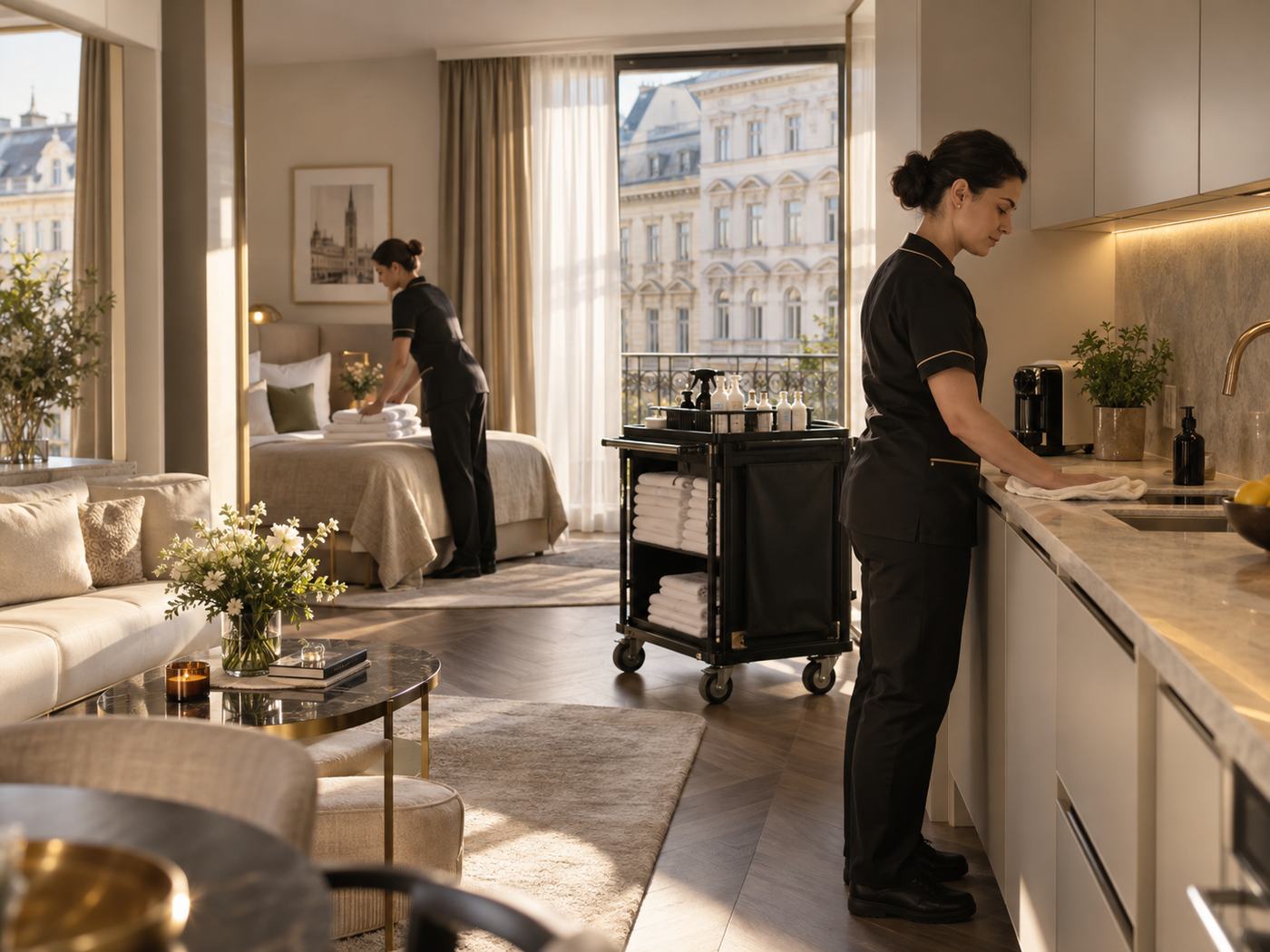 Zwei Reinigungskräfte bereiten ein Apartment für den nächsten Gast vor, eine legt frische Handtücher auf das Bett, die andere reinigt die Küchenzeile