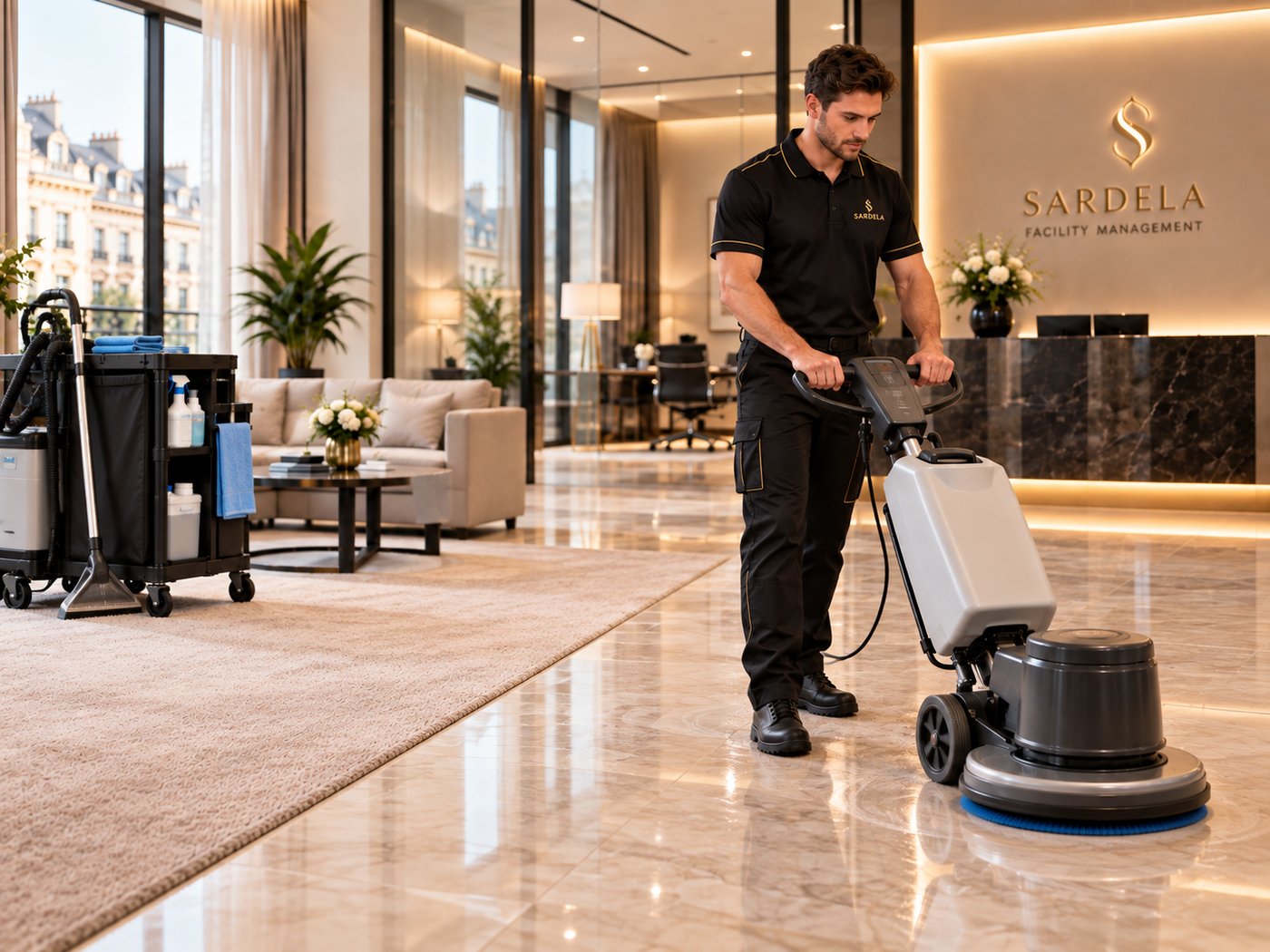 Mitarbeiter von Sardela führt eine Einscheibenmaschine über Teppich und Steinboden in einer Bürolobby