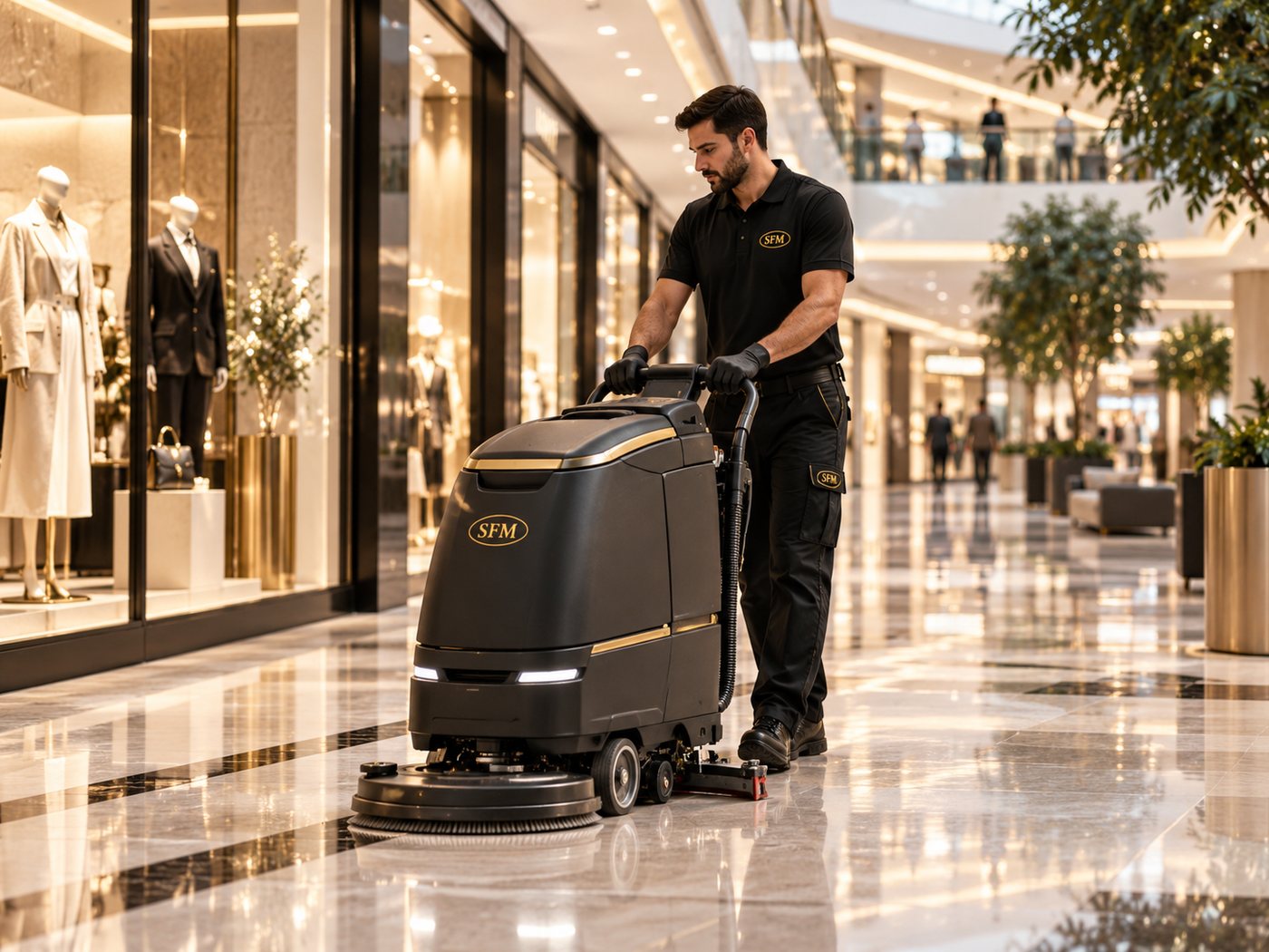 Mitarbeiter von Sardela führt eine Scheuersaugmaschine über den Steinboden einer Mall