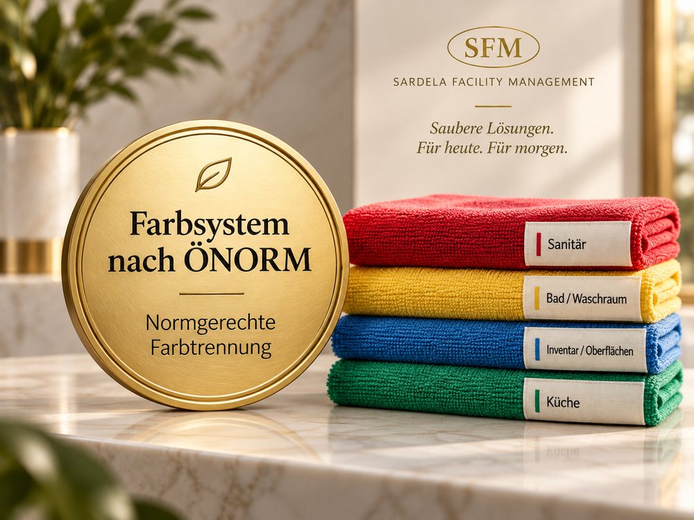 Farblich getrennte Mikrofasertücher für Sanitär, Waschraum, Inventar und Küche