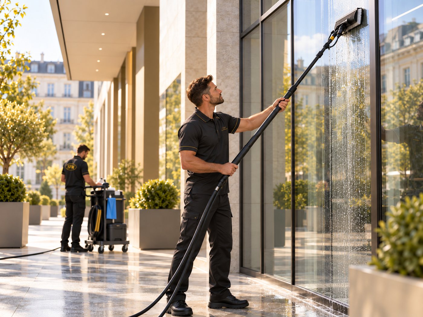 Glasreiniger von Sardela reinigt eine Glasfassade mit wassergeführter Teleskopstange