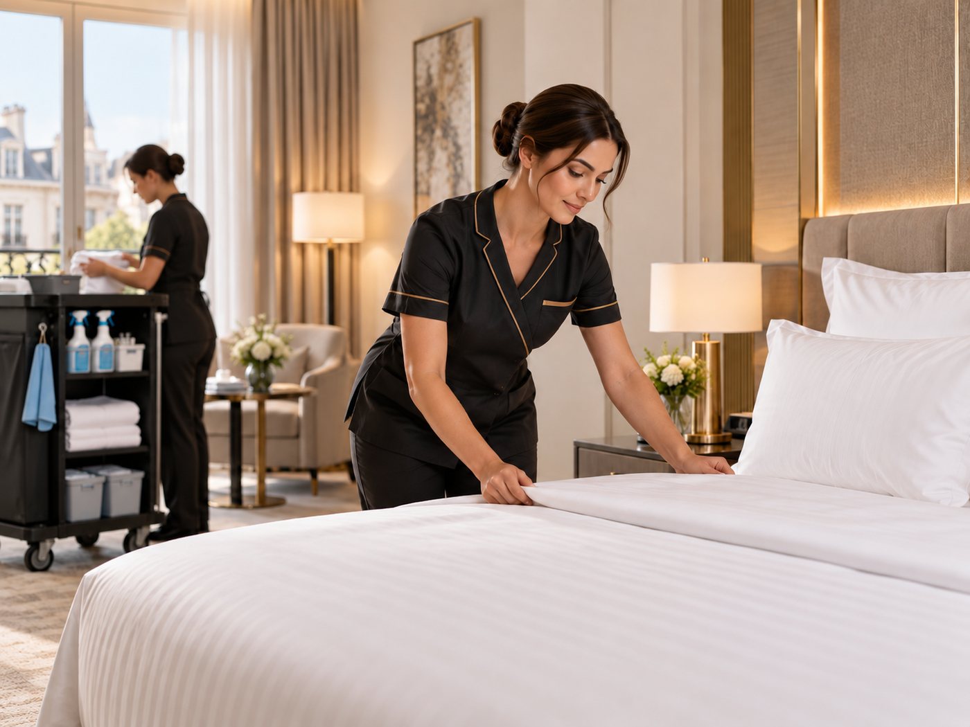 Mitarbeiterin von Sardela bezieht ein Bett in einem Hotelzimmer, im Hintergrund der Housekeeping-Wagen