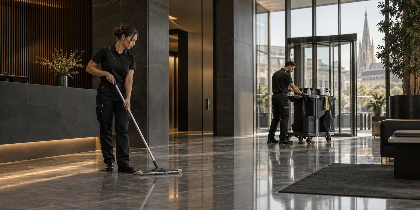 Zwei Mitarbeiter von Sardela bei der Bodenreinigung in der Lobby eines Wiener Bürohauses