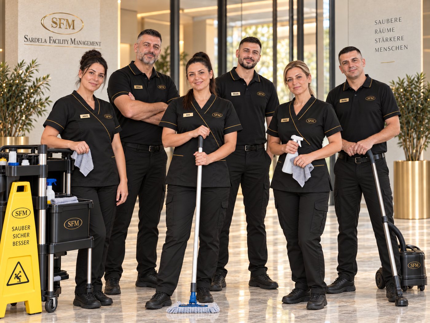 Das Team von Sardela Facility Management in Arbeitskleidung mit Reinigungswagen in einer Lobby