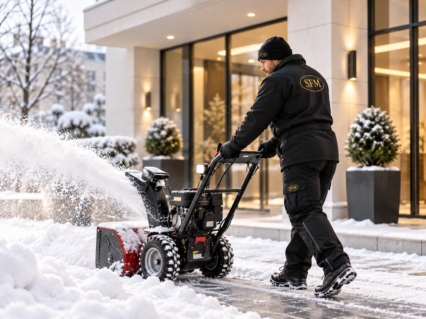 Mitarbeiter von Sardela räumt mit der Schneefräse den Gehsteig vor einem Eingang