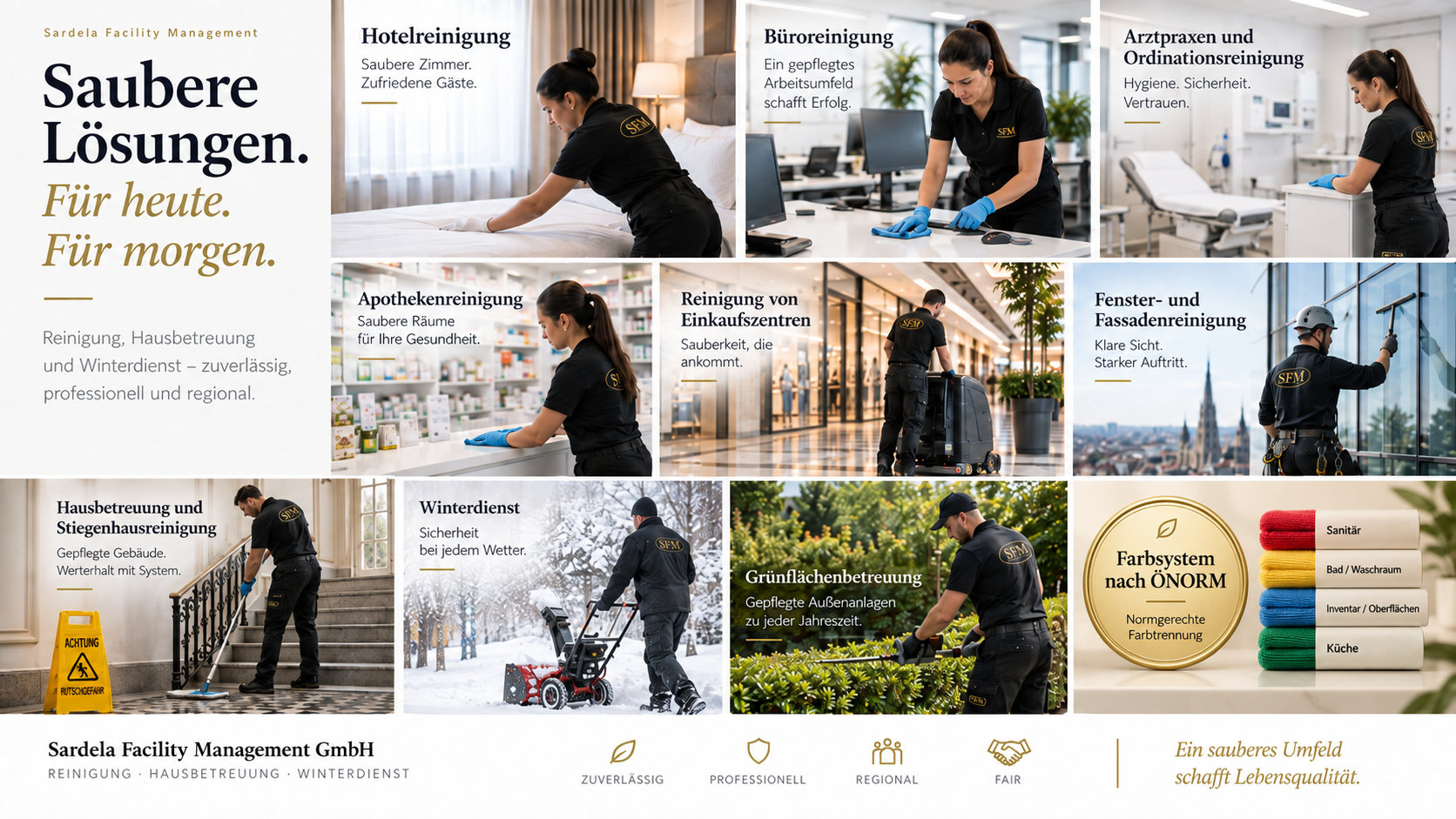 Übersicht der Leistungen von Sardela Facility Management: Hotelreinigung, Büroreinigung, Arztpraxen und Ordinationen, Apotheken, Einkaufszentren, Hausbetreuung und Stiegenhausreinigung, Fenster- und Fassadenreinigung, Winterdienst, Grünflächenbetreuung sowie das Farbsystem nach ÖNORM